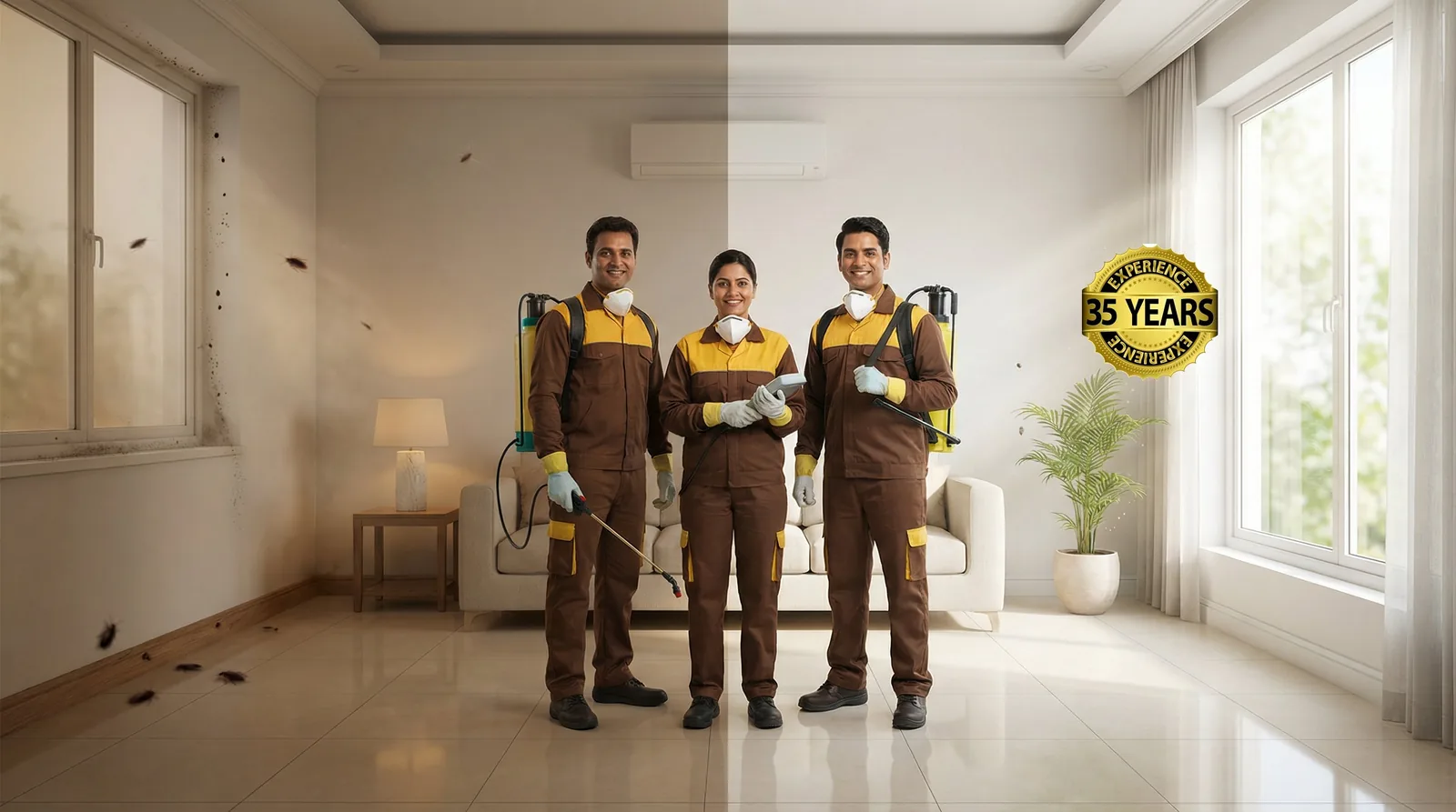 Technician Spraying Living Room